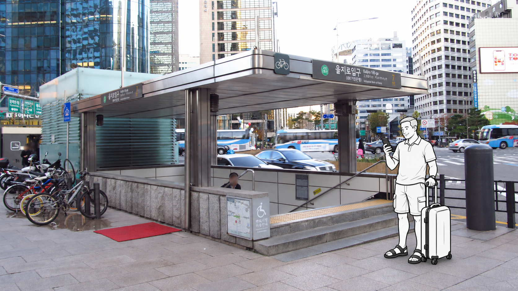 A monochrome illustrated traveler with a suitcase checks his phone beside Euljiro 1-ga station entrance.