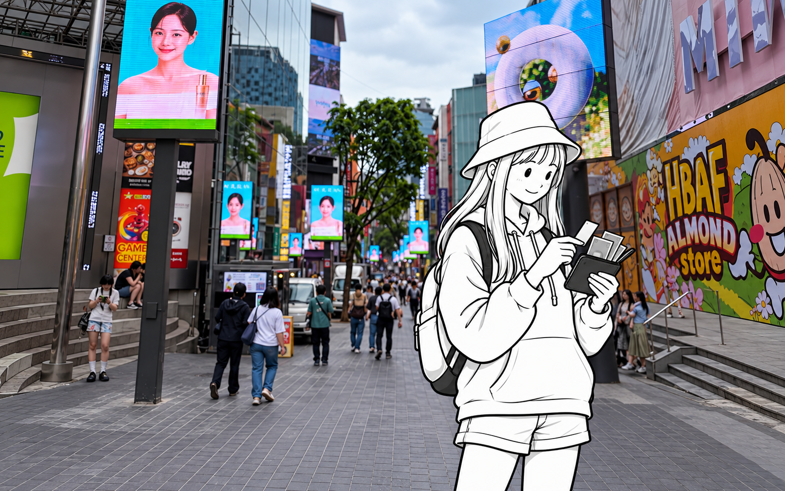 A monochrome illustrated traveler checks a plain payment card and cash in a wallet on a Myeongdong shopping street.