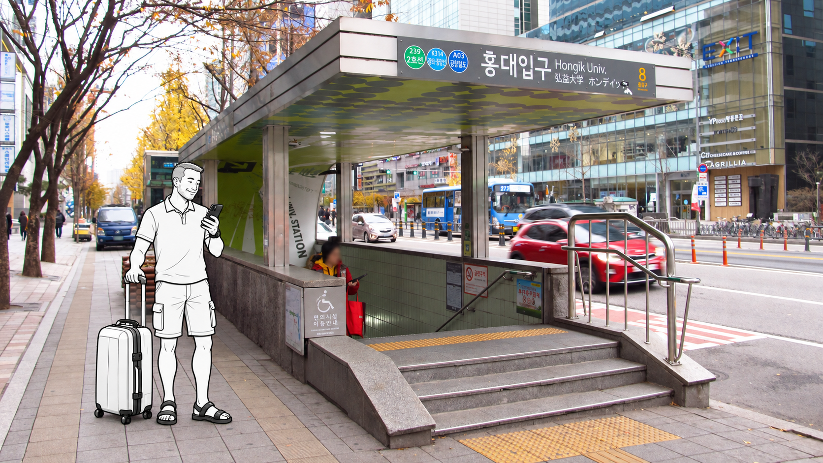 A monochrome illustrated traveler checks his phone beside luggage outside Hongik University Station entrance 8.