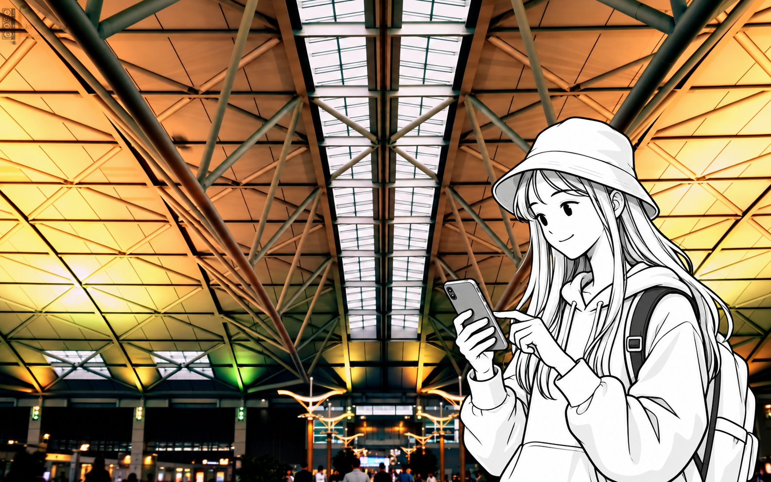 A monochrome illustrated traveler checks her phone against a photograph of Incheon Airport Terminal 1's interior.