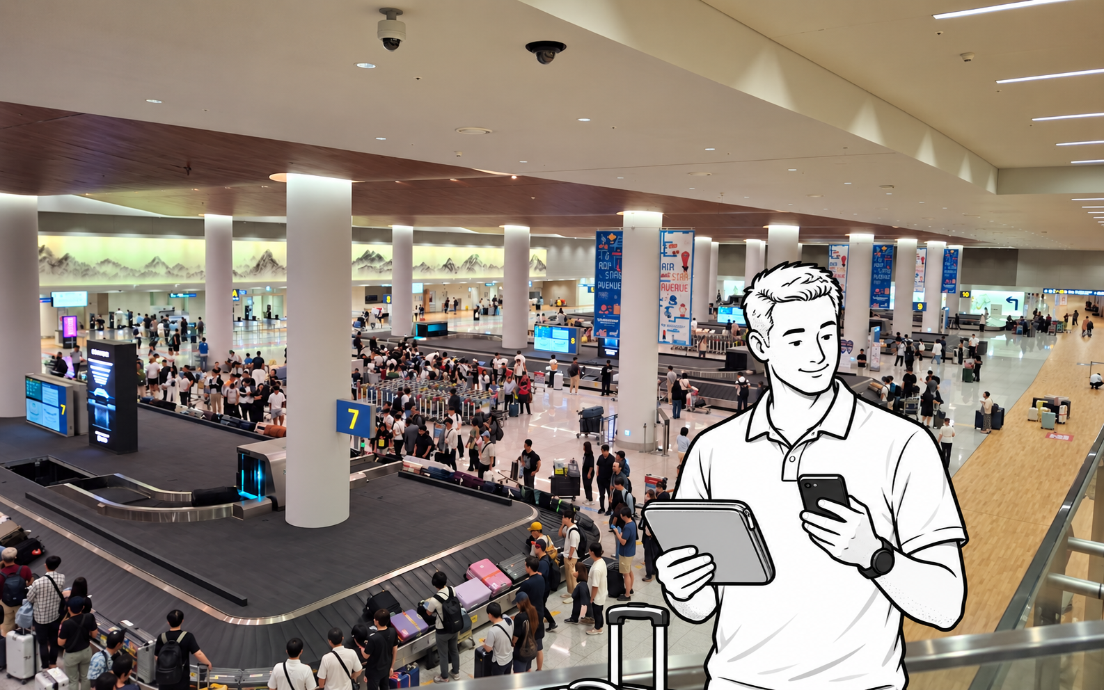 A monochrome illustrated traveler holds a closed document pouch and phone over a view of Incheon Terminal 2's baggage hall.