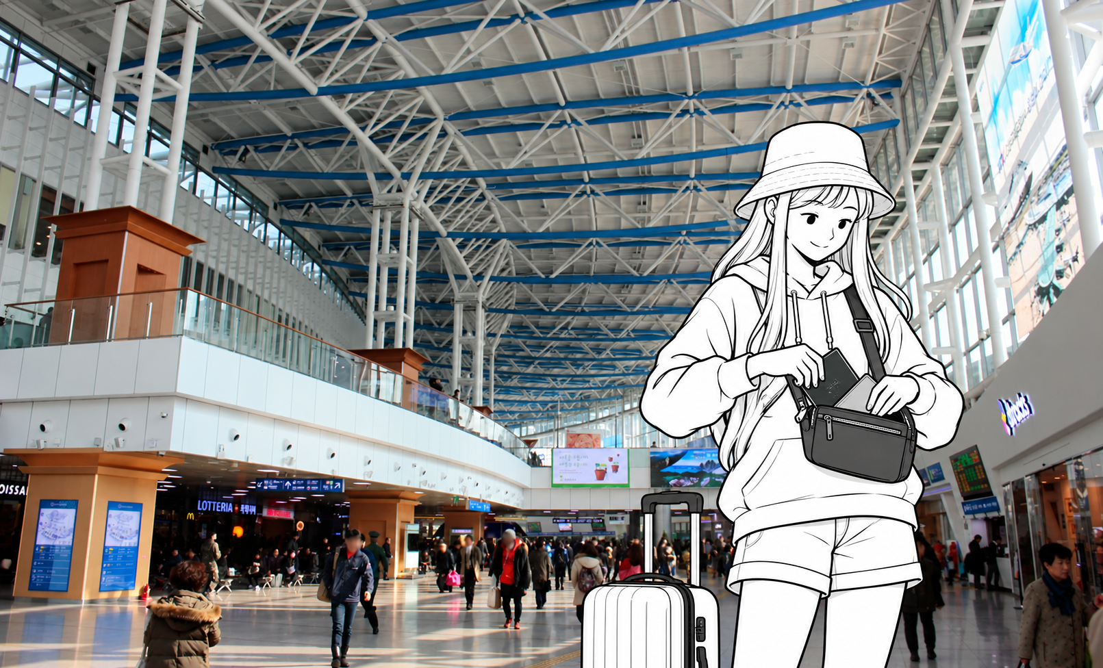 A monochrome illustrated traveler places a closed passport and wallet in her personal bag beside a suitcase in Seoul Station.