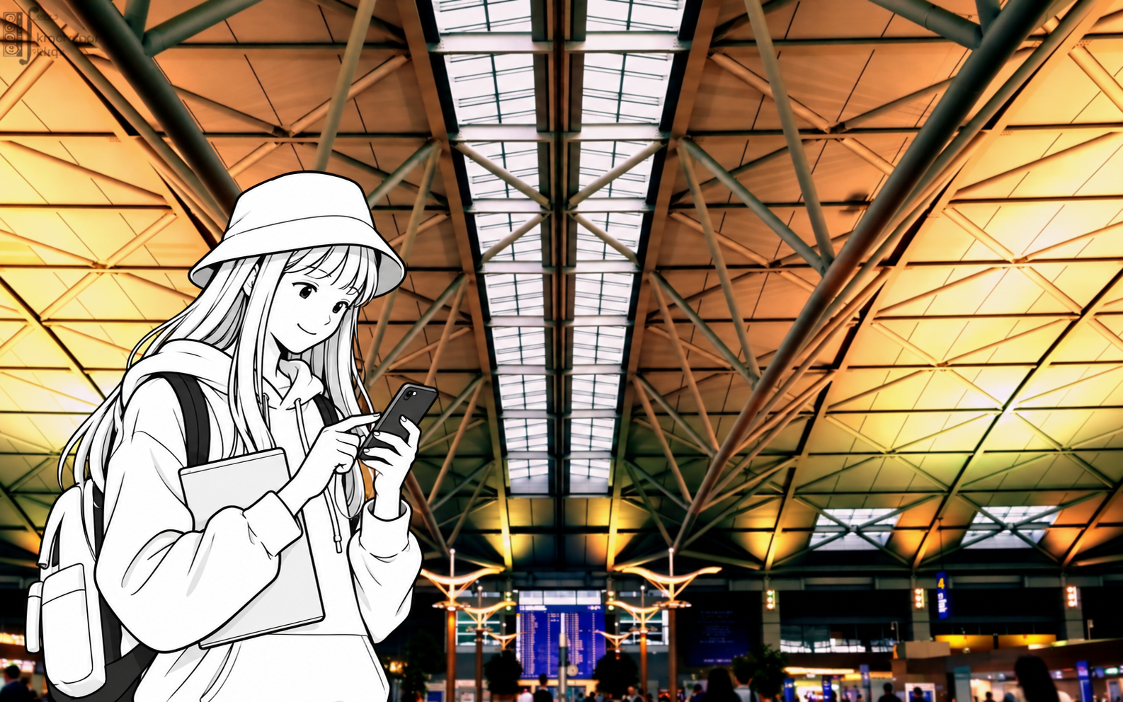 A monochrome illustrated traveler checks her phone beside a closed travel document folder against an Incheon Airport interior.