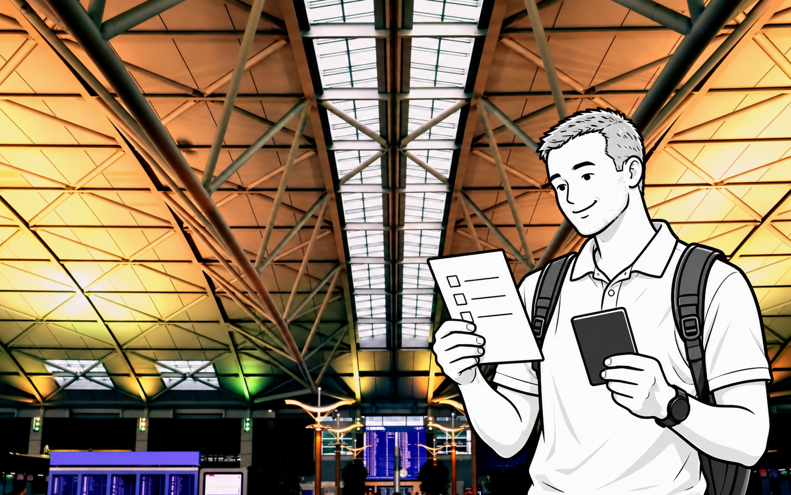 Check entry requirements for your own passport, purpose, and travel dates, then keep the required documents together. A monochrome illustrated traveler reviews a plain checklist beside a closed passport against an Incheon Airport terminal photograph.