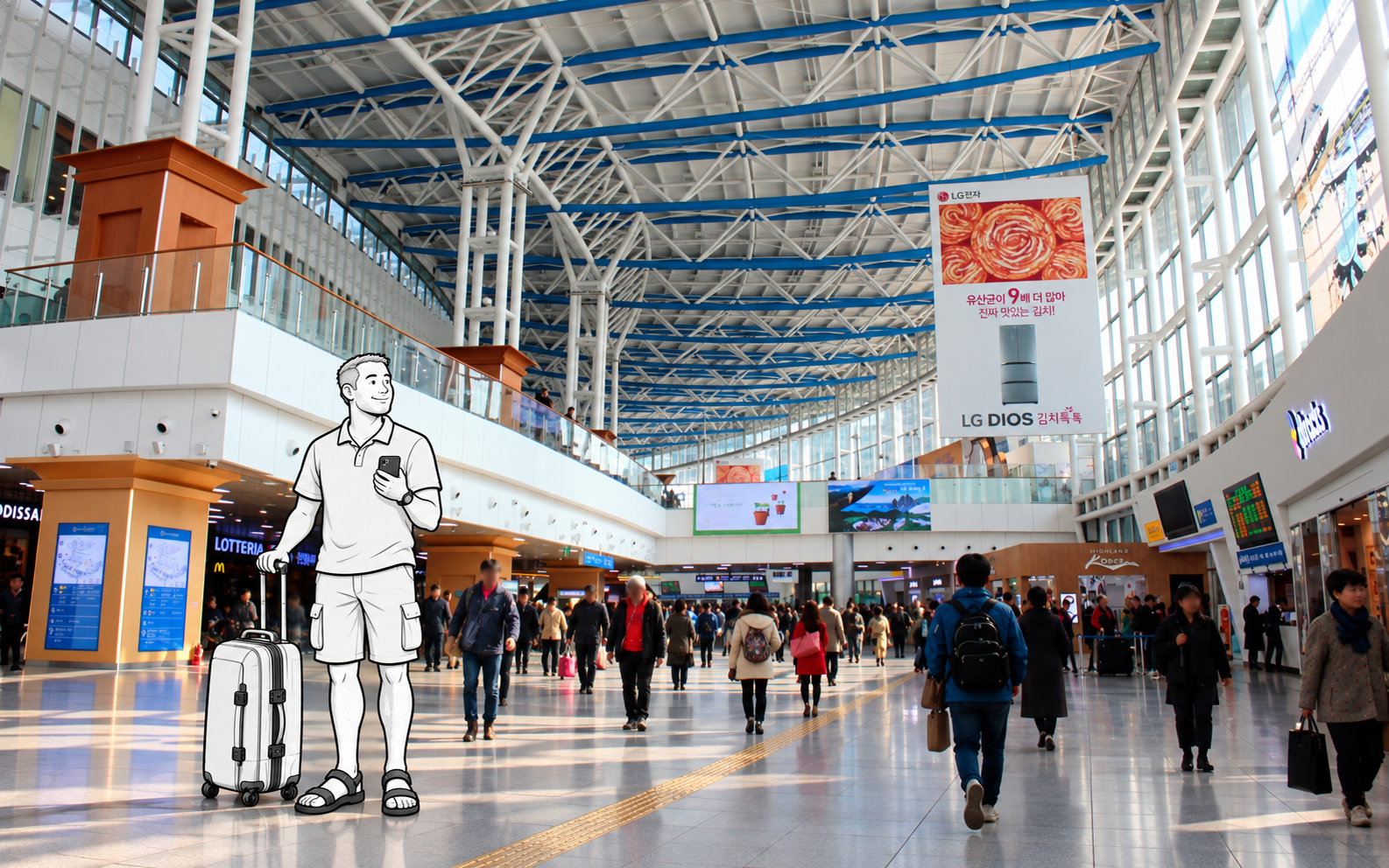 A monochrome illustrated traveler checks a ticket on his phone while waiting with a suitcase in Seoul Station's concourse.