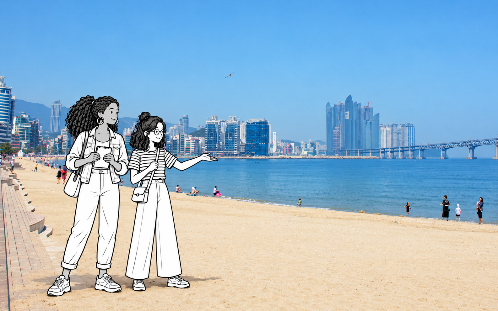 Two monochrome illustrated travelers pause at Gwangalli Beach with a notebook and look across the bay.