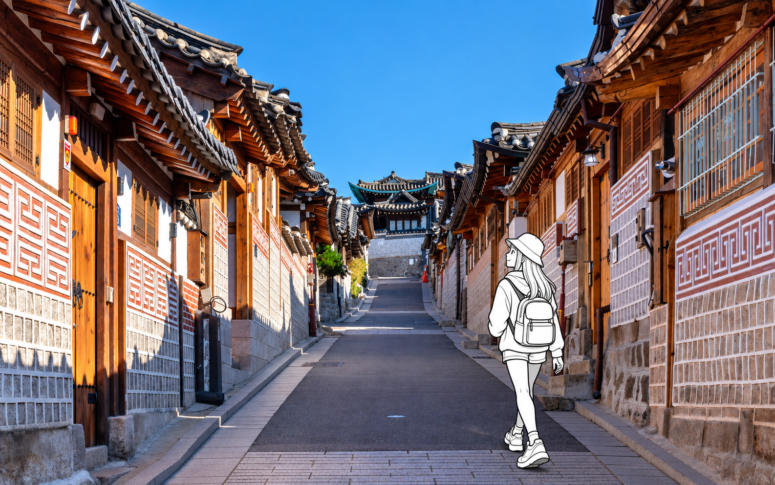 A monochrome illustrated traveler walks quietly along a Bukchon lane lined with traditional hanok houses.