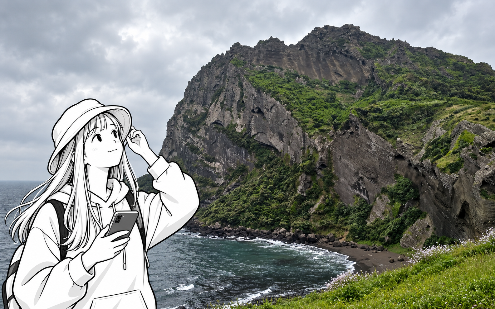 A monochrome illustrated traveler checks her phone against a cloudy view of Seongsan Ilchulbong's coastal cliffs.