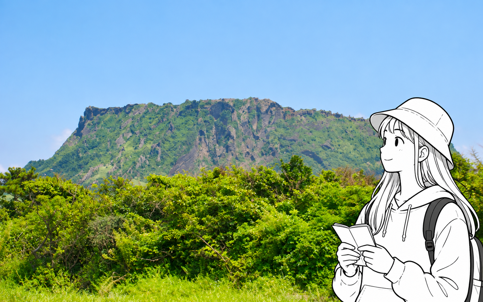 Use Seongsan as an east-coast anchor, then choose nearby stops instead of crossing the island repeatedly. A monochrome illustrated traveler looks toward Seongsan Ilchulbong while holding a small folded itinerary.