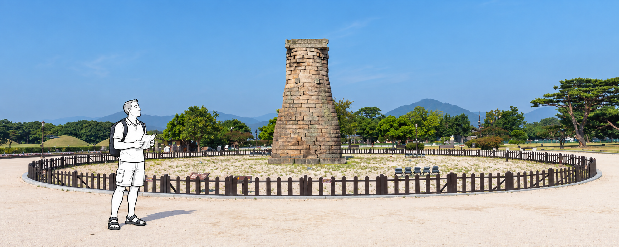 Keep the downtown heritage sights together, and give the temple area a separate time block. A monochrome illustrated visitor checks a folded itinerary outside the protective fence around Cheomseongdae in Gyeongju.