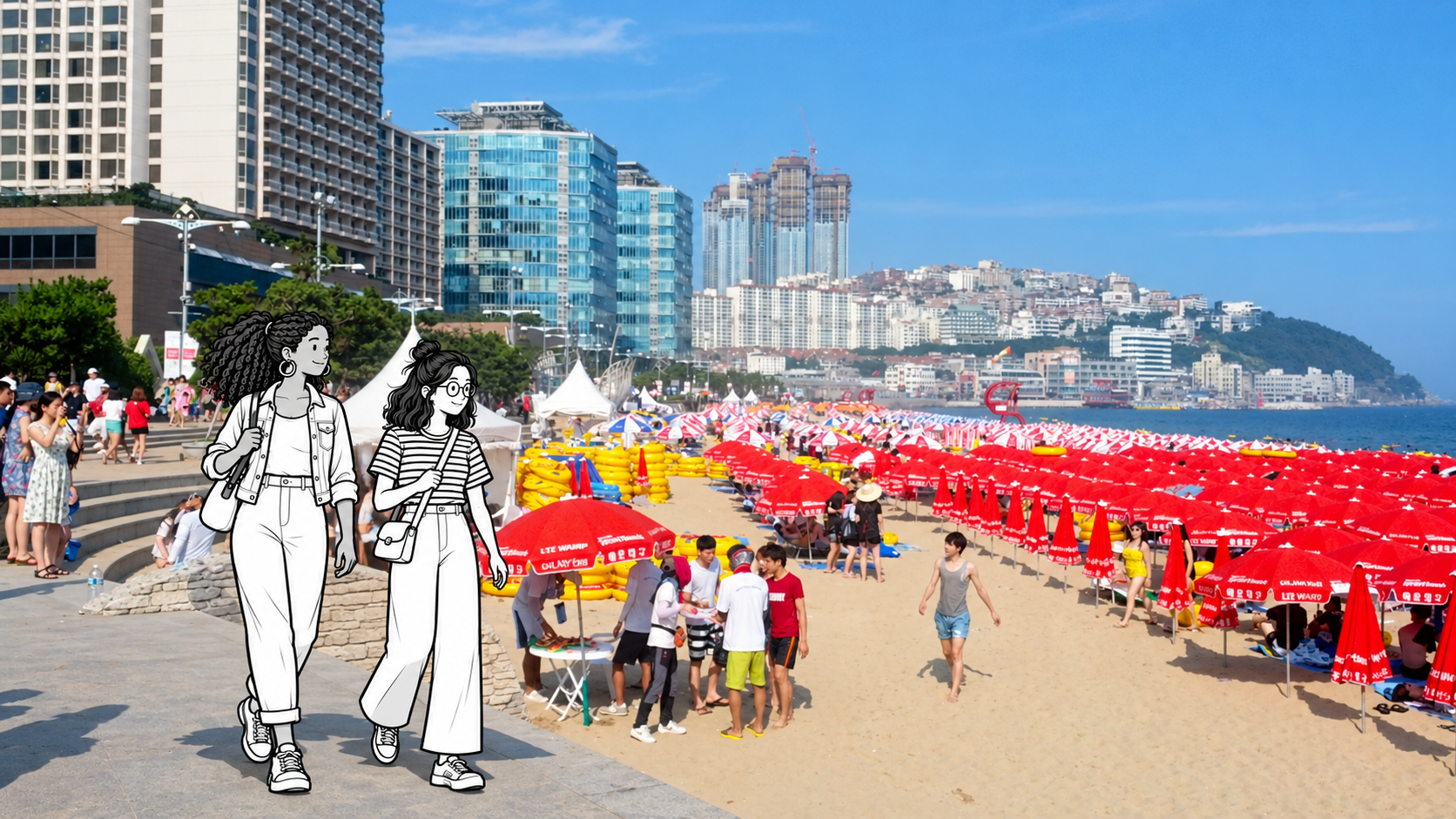 Two monochrome illustrated travelers walk beside Haeundae Beach's summer umbrellas and waterfront buildings.