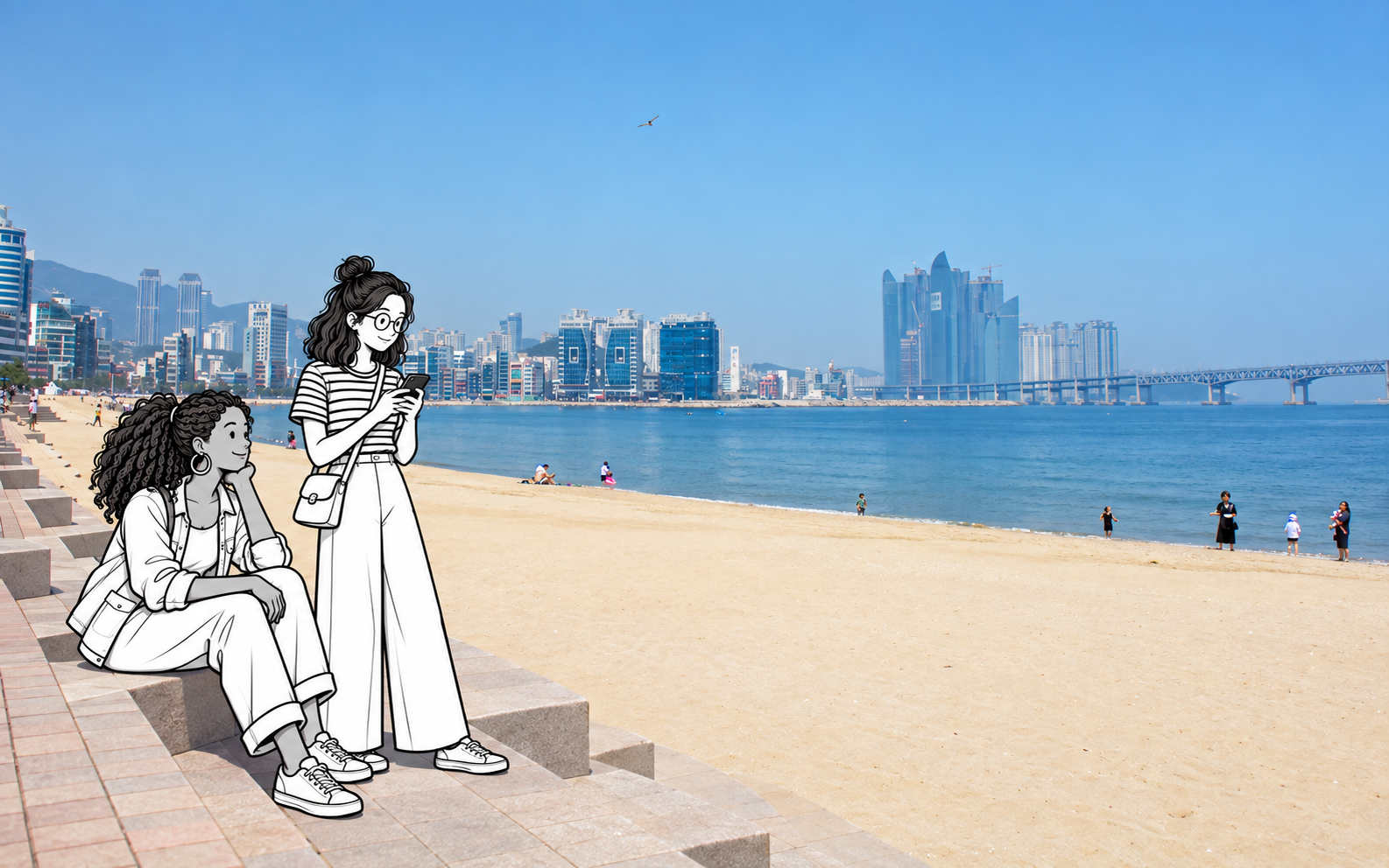 Two monochrome illustrated travelers take a break on the stepped promenade beside Gwangalli Beach.