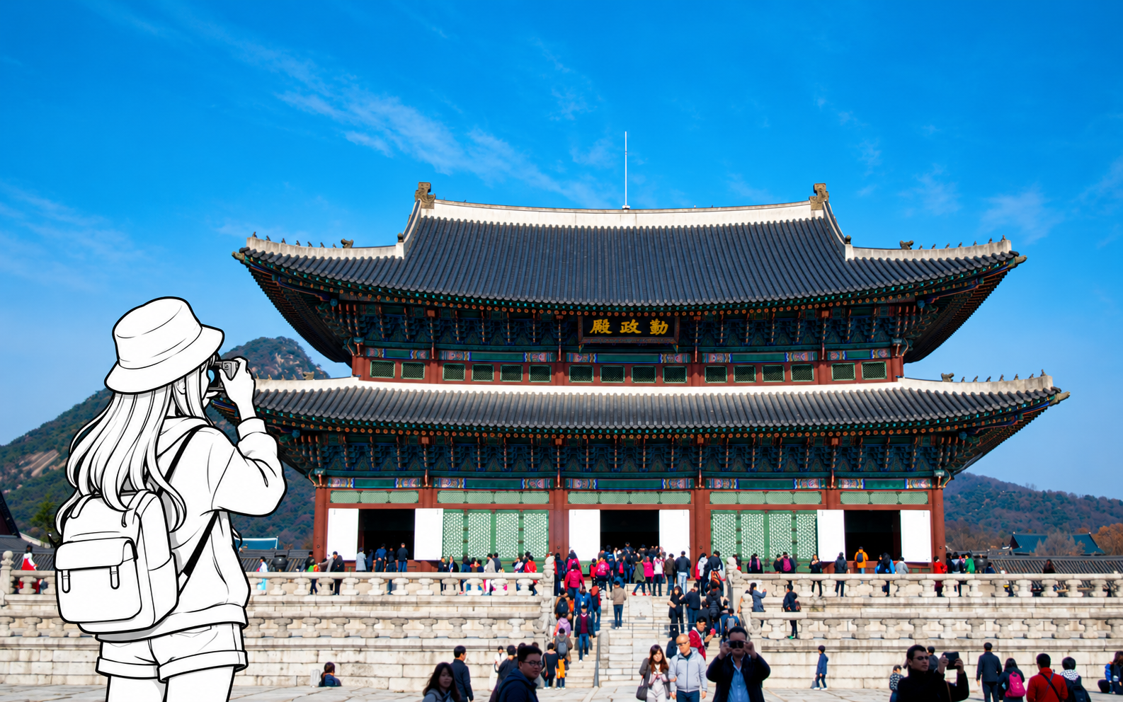 A monochrome illustrated traveler pauses with a camera in front of Geunjeongjeon at Gyeongbokgung Palace.