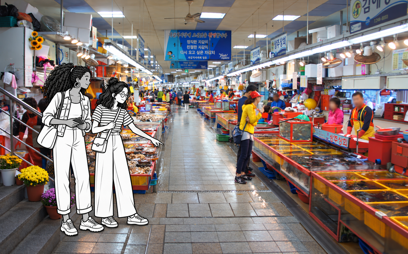 Two monochrome illustrated travelers browse the central aisle of Jagalchi Market in Busan.