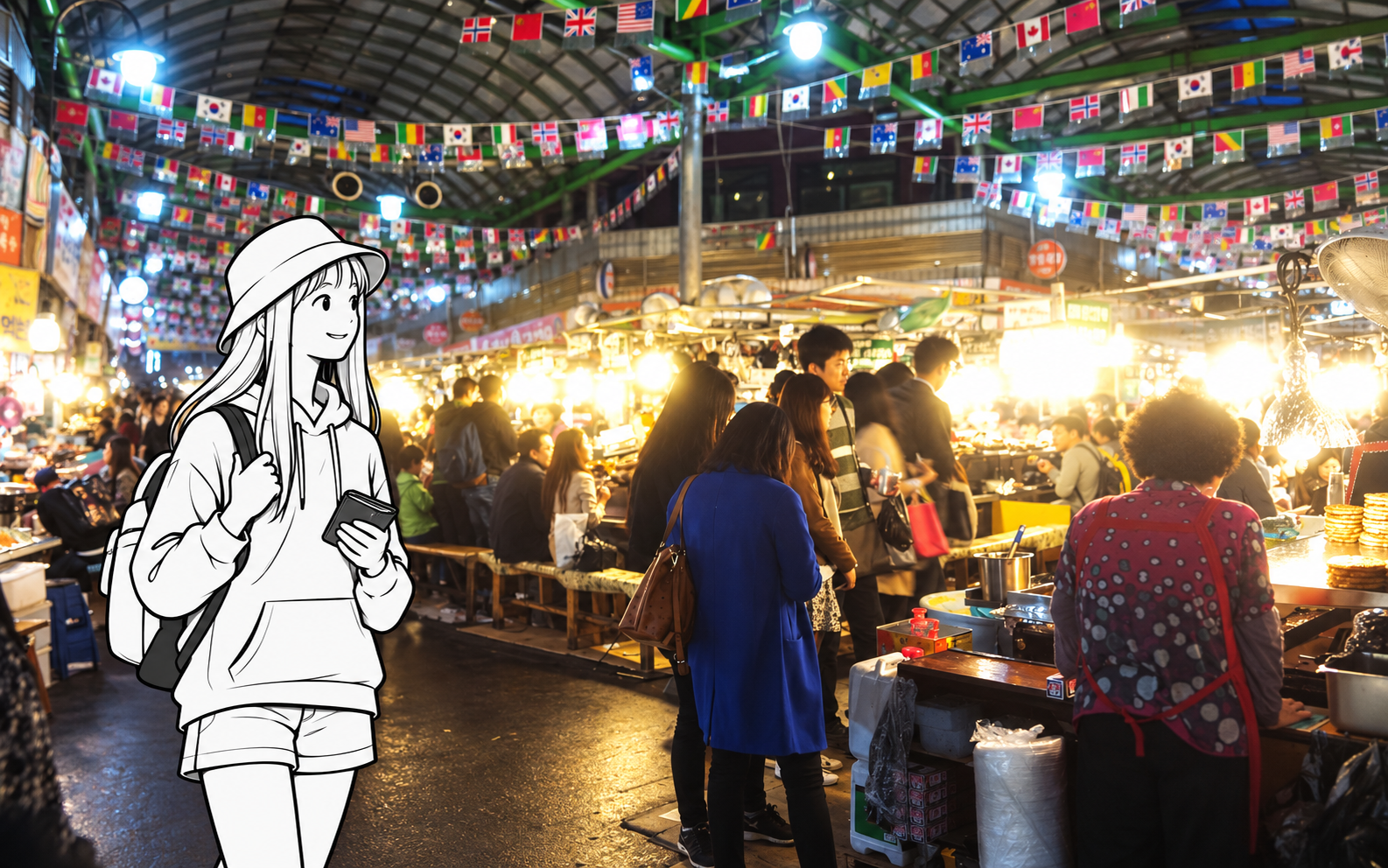 A monochrome illustrated traveler pauses beside the food stalls inside Gwangjang Market in Seoul.