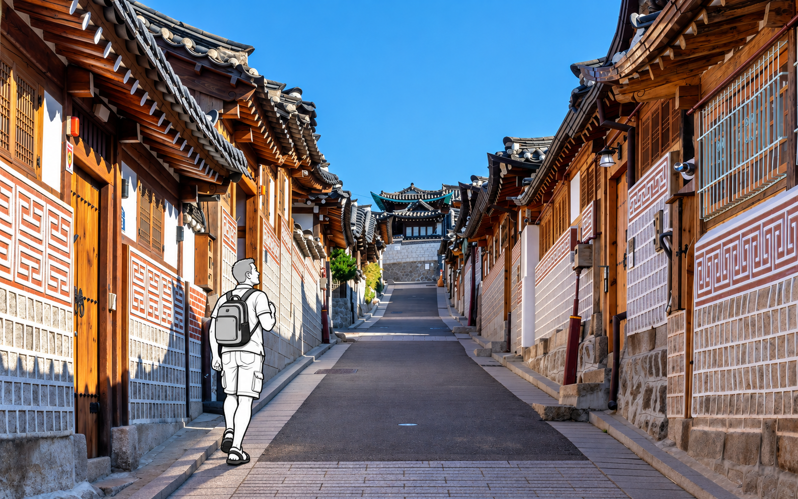 Keep voices low, stay on public paths, and follow local visiting hours and signs in Bukchon. A monochrome illustrated traveler walks quietly on a public Bukchon lane without entering the hanok homes.