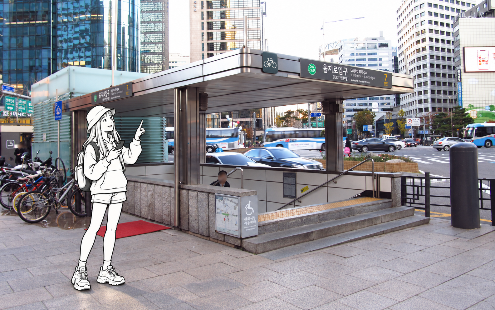 A monochrome illustrated traveler checks a phone and station entrance sign beside Euljiro 1-ga Station in Seoul.