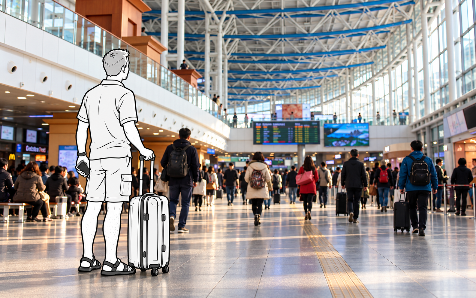 An outlined traveler looks toward a distant departure display in a photo-based Seoul Station scene.