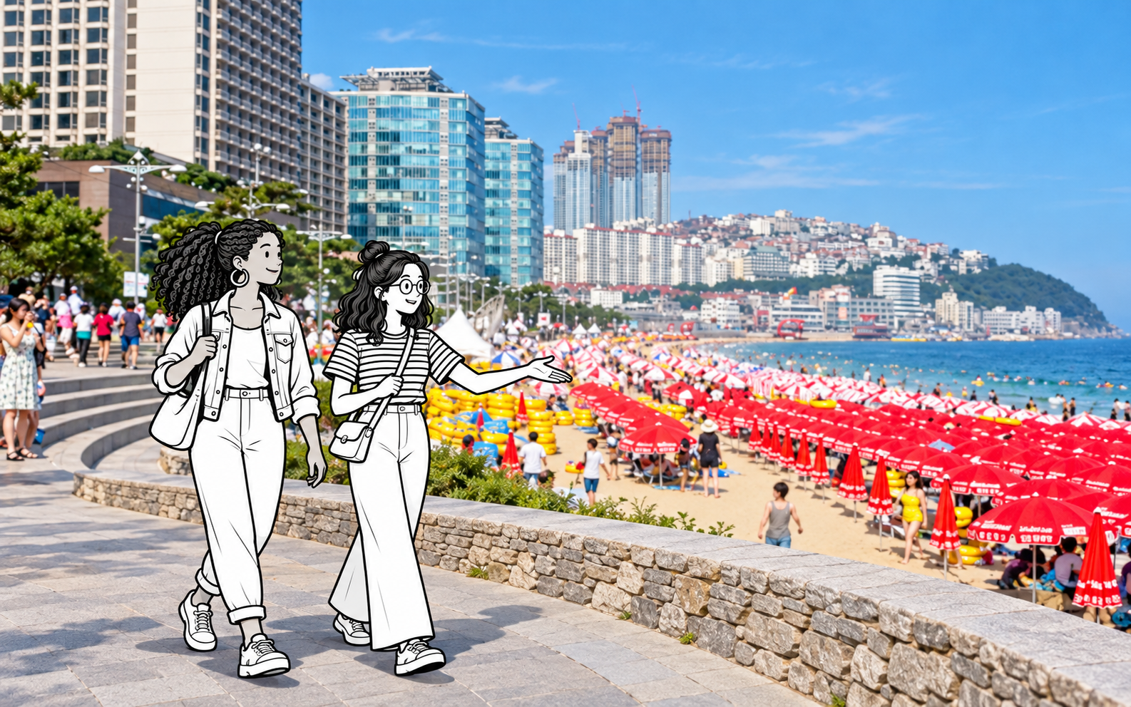Two outlined travelers walk along a photo-based Haeundae Beach promenade.