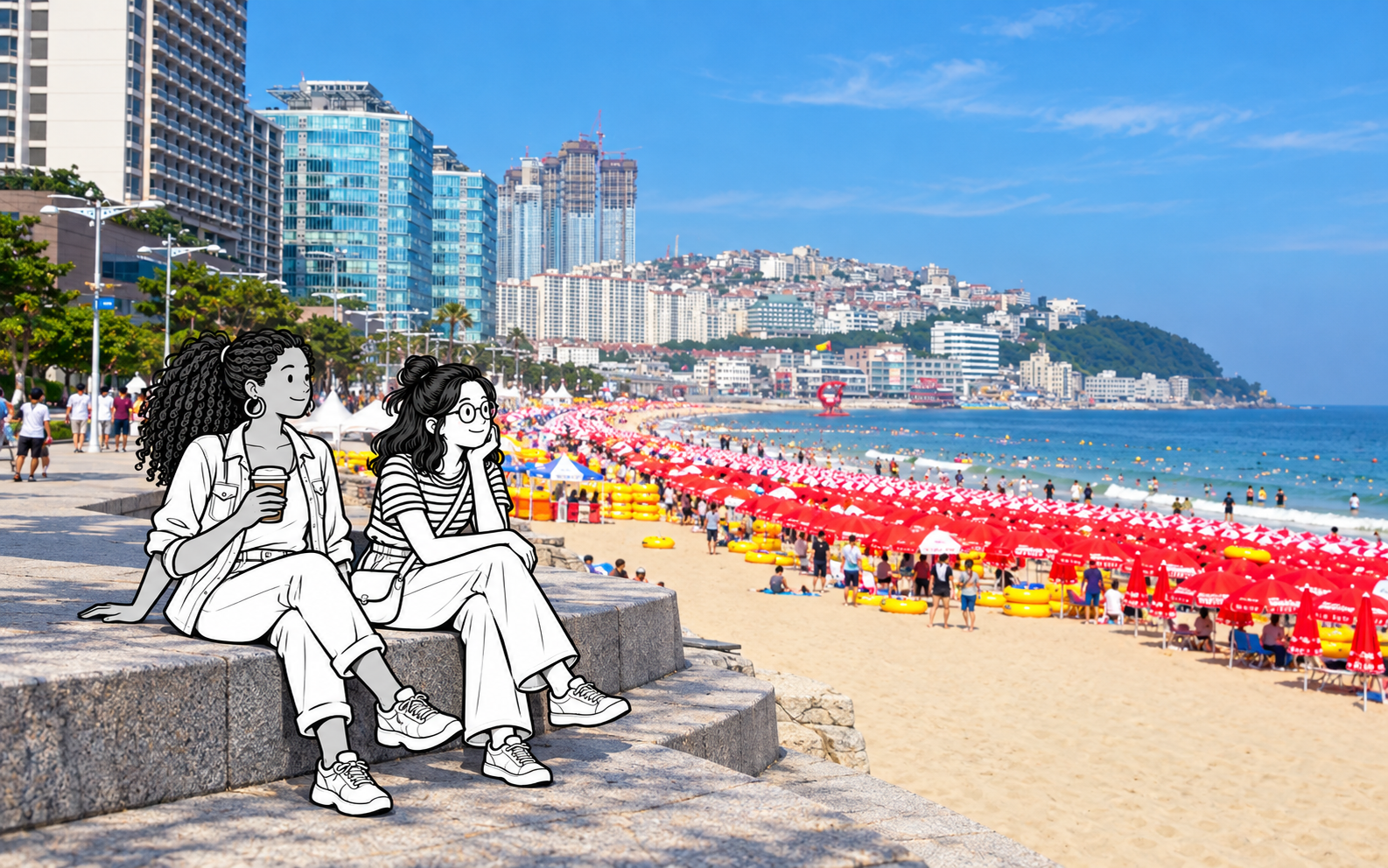 Two outlined travelers relax by the sea in a photo-based Haeundae Beach scene.