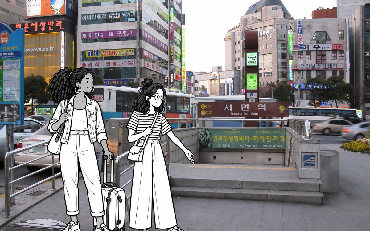 Illustrated travellers standing outside Seomyeon Station exit 7 in Busan, with the station sign and dense commercial buildings behind them.