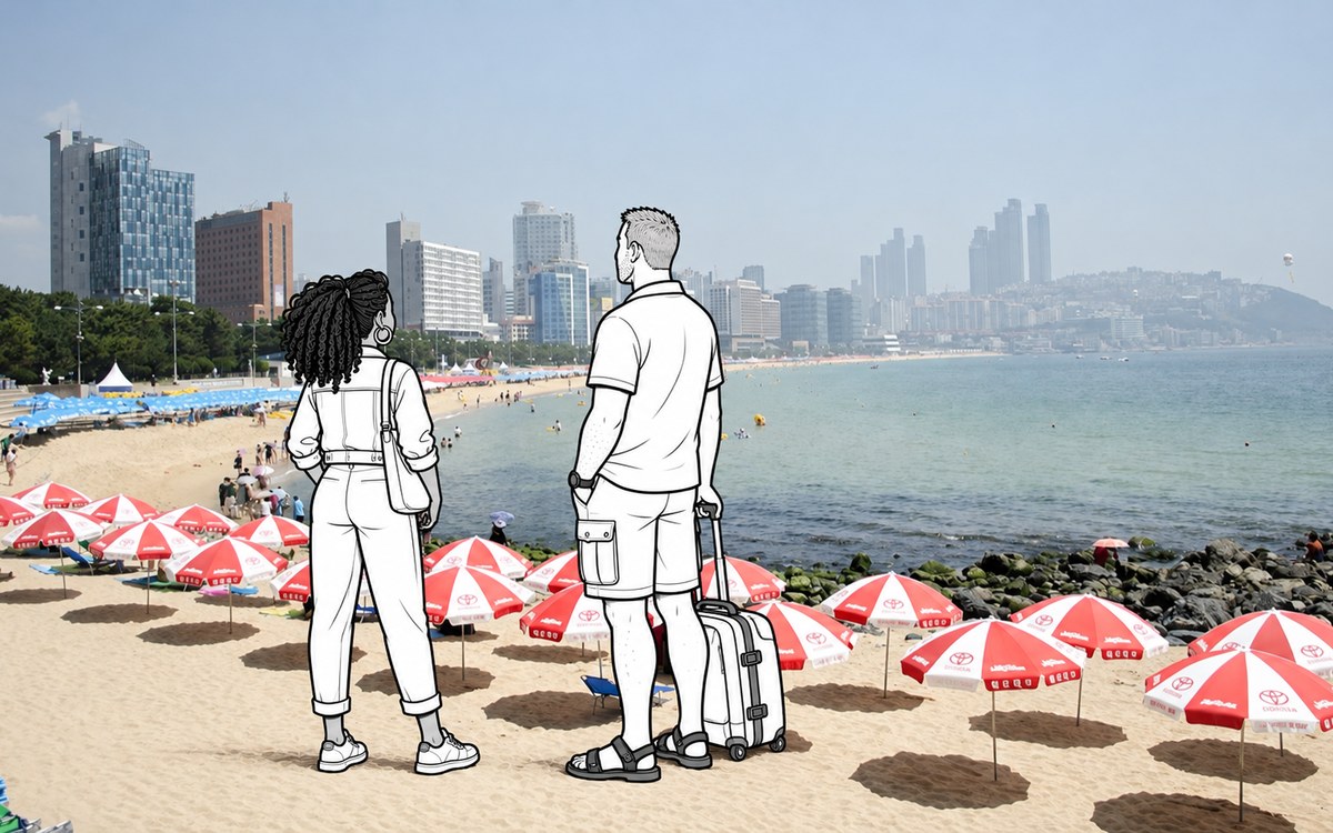 Illustrated travellers on Haeundae Beach in Busan looking along the sand toward the line of hotel towers.
