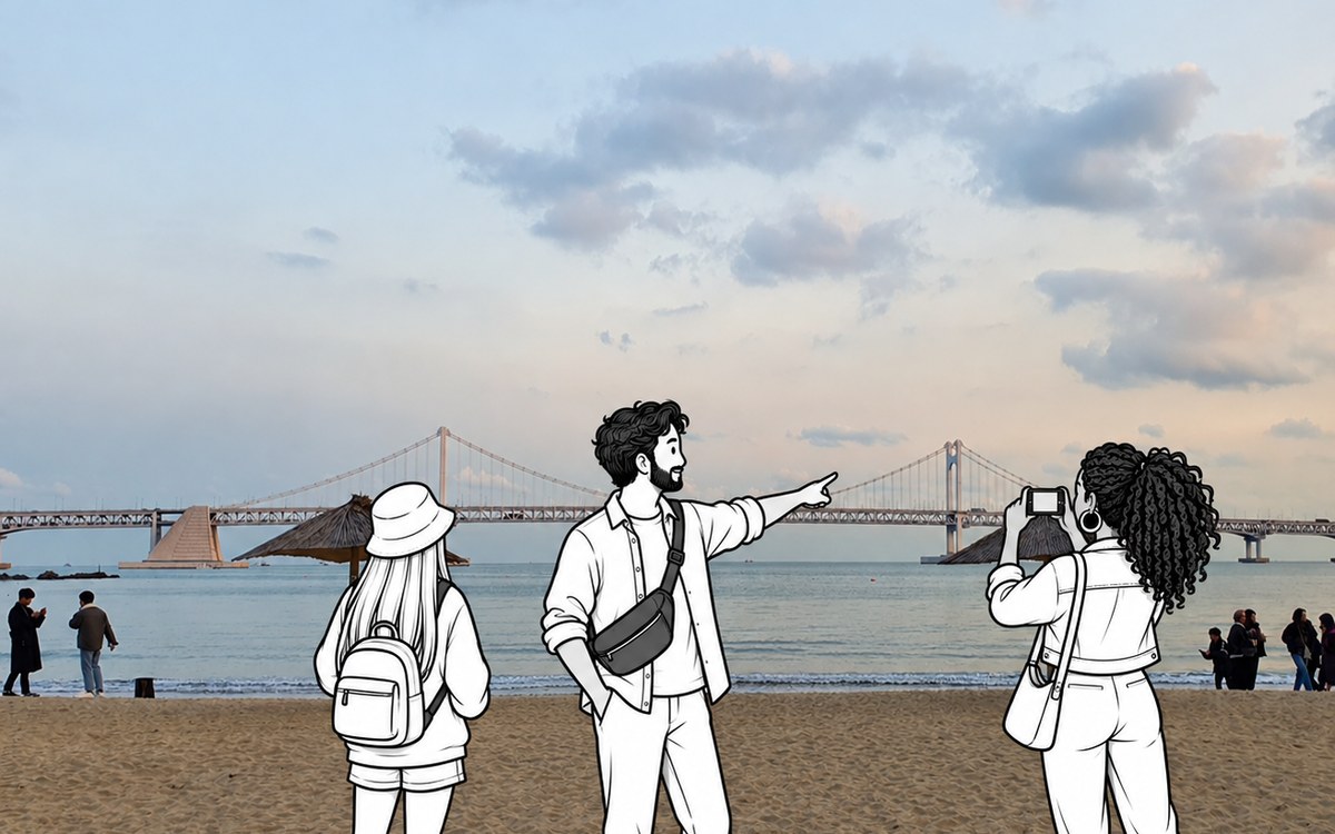 Illustrated travellers on Gwangalli Beach in Busan looking across the bay toward Gwangan Bridge.