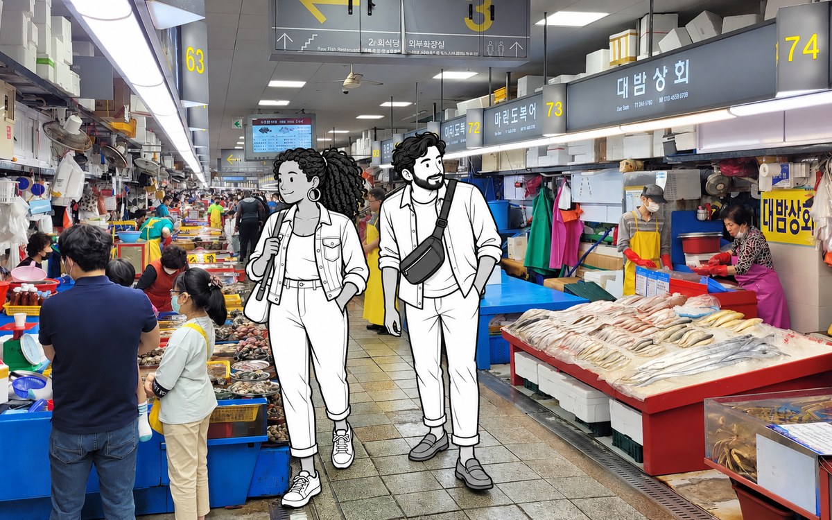 Illustrated travellers walking down an aisle of Jagalchi fish market in old downtown Busan.