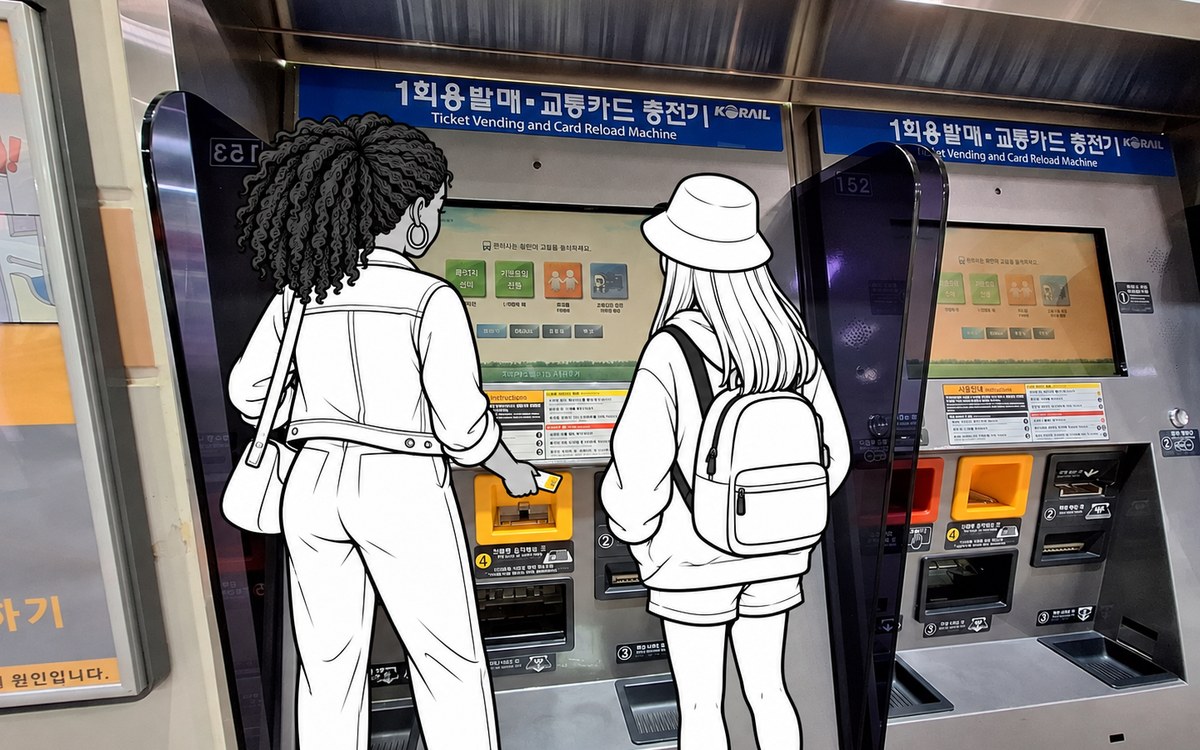 Illustrated travellers using a subway ticket vending and card reload machine in Korea.