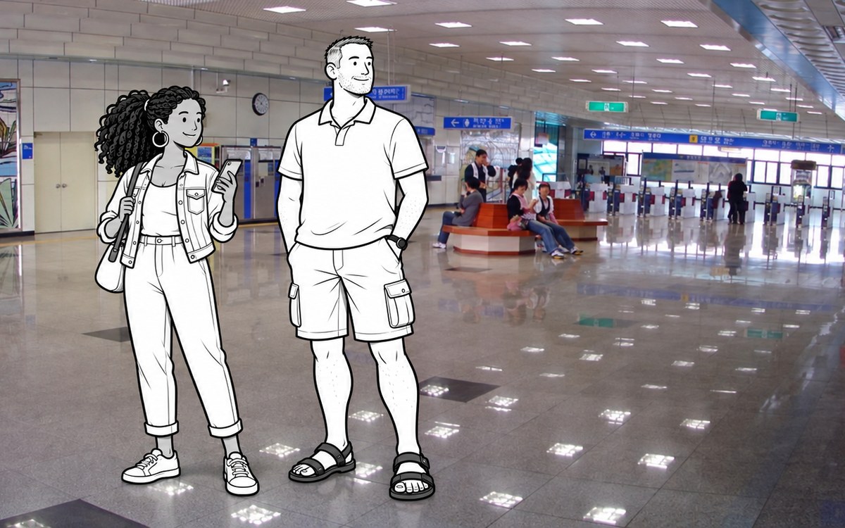Illustrated travellers checking a phone on a Korean subway station concourse near the ticket gates.