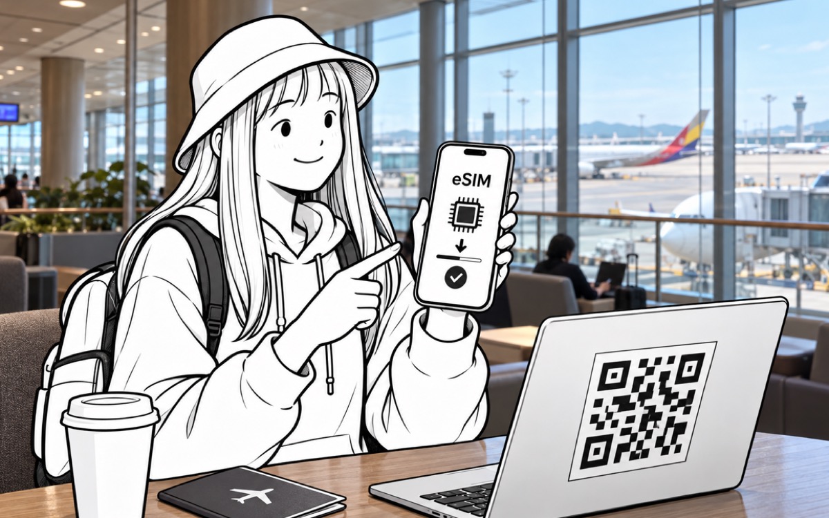 Illustrated traveler viewing eSIM QR-code setup instructions for Korea