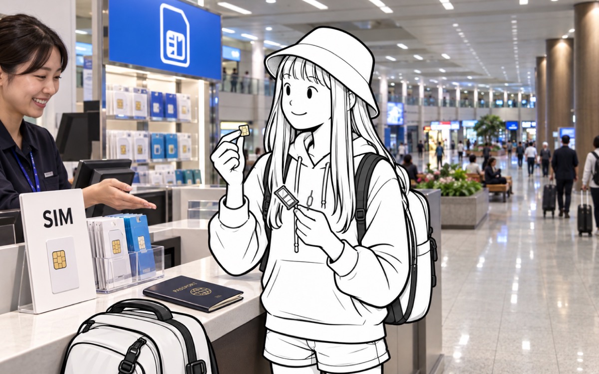 Illustrated traveler holding a physical SIM, open phone tray, and eject pin at an airport mobile counter