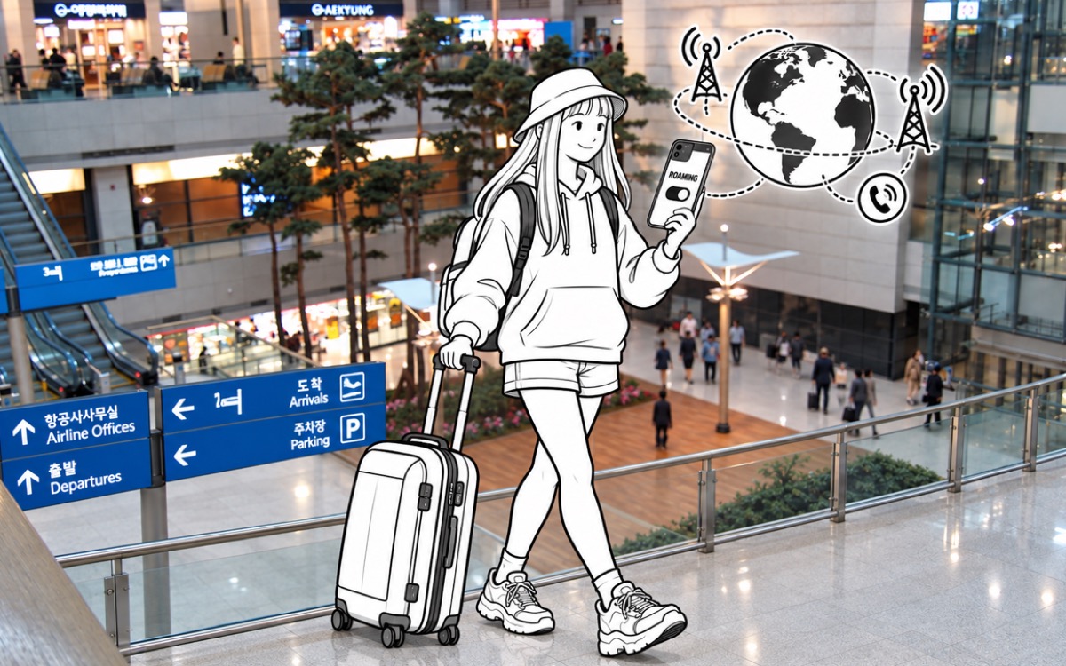 Illustrated traveler using international roaming through linked mobile networks after arriving in Korea