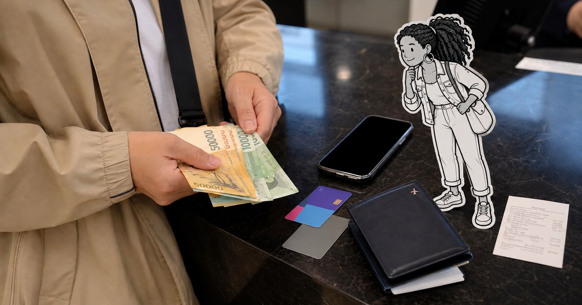 Traveler comparing Korean won cash, a physical card, and a transit card before paying in Korea
