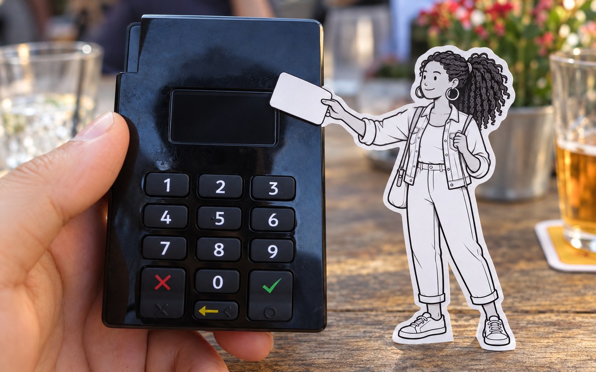 Illustrated traveler paying with a physical card at a store terminal