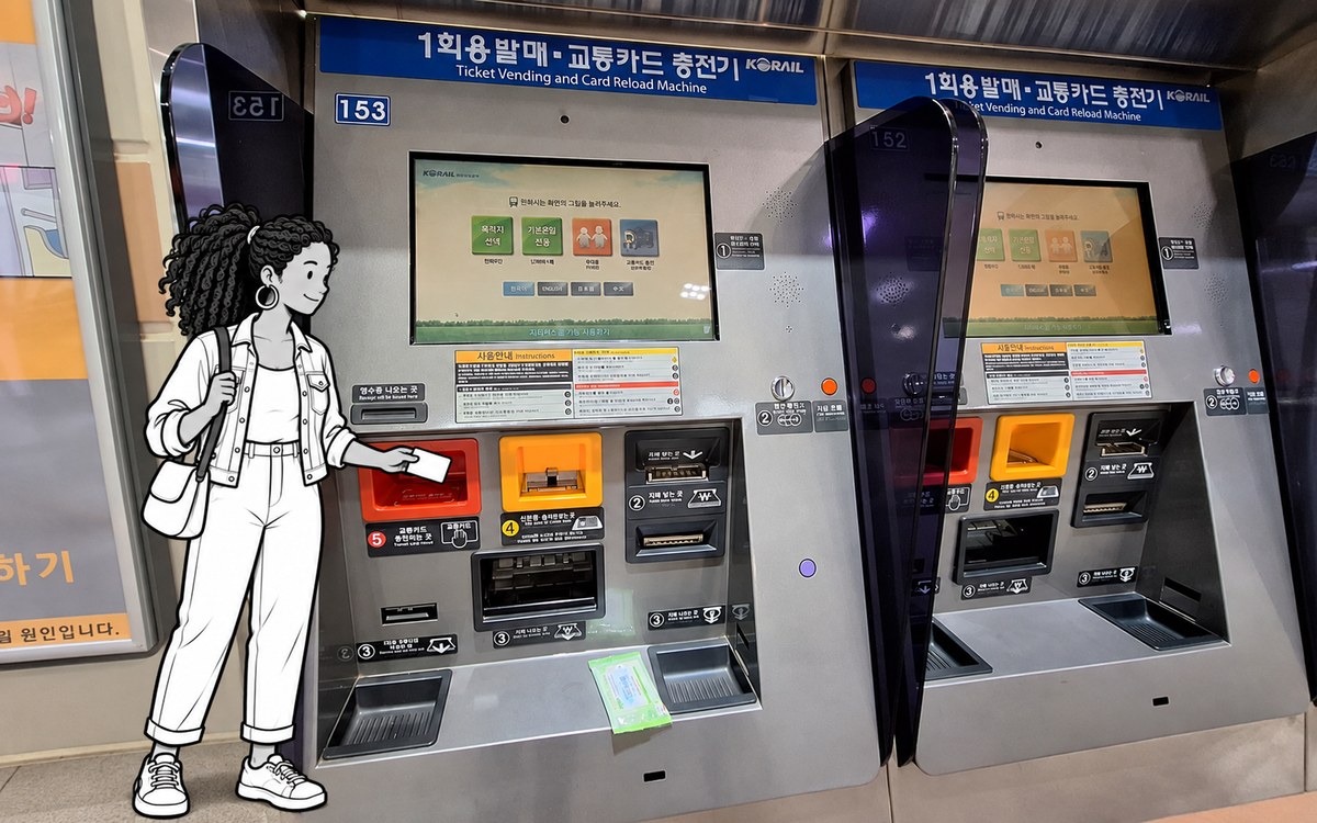 Illustrated traveler loading a transit card at a Seoul subway ticket machine