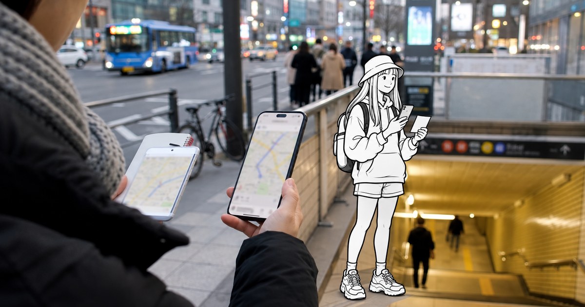 Traveler comparing map apps beside a Seoul subway exit before choosing a route