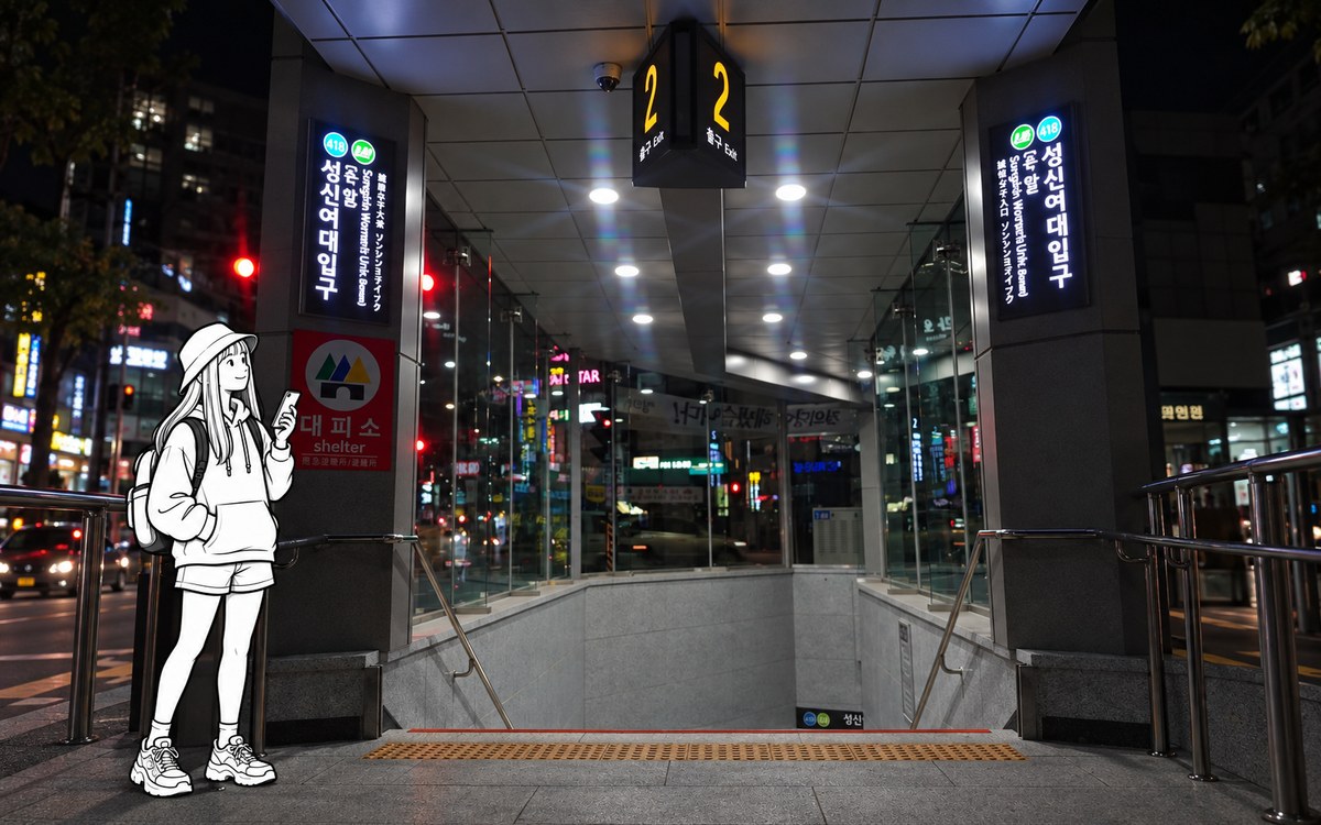 Traveler checking a subway exit and walking route in central Seoul