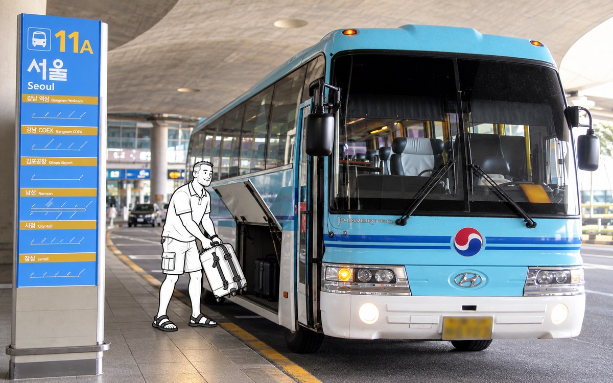 Illustrated traveler placing a large suitcase in an Incheon Airport limousine bus luggage compartment