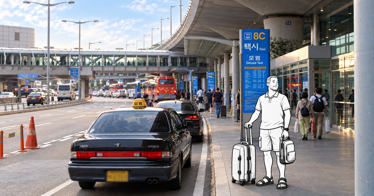 Illustrated traveler with suitcases choosing between AREX, an airport bus, and the official taxi stand at Incheon Airport