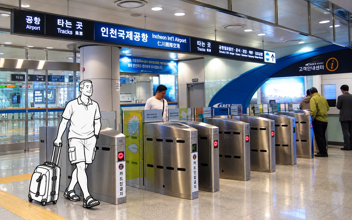 Illustrated traveler moving a suitcase toward the AREX platform at Incheon Airport