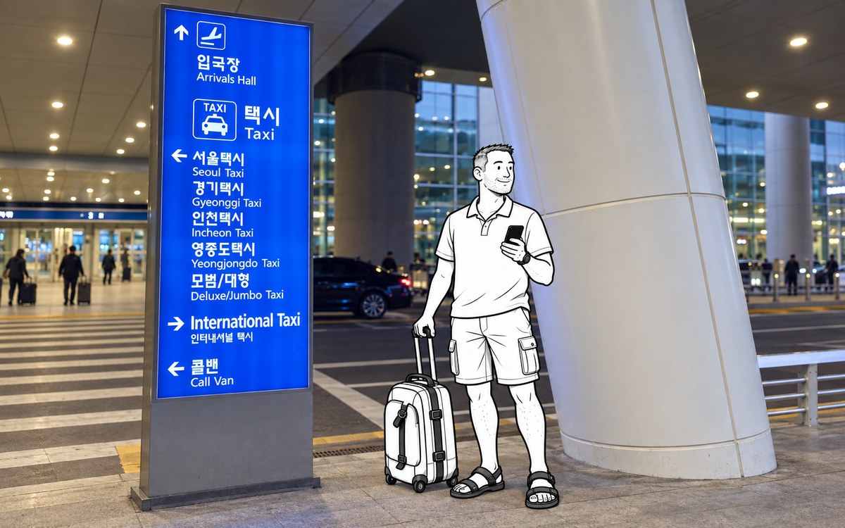 Illustrated traveler checking a taxi fare estimate beside the designated taxi pickup zone at Incheon Airport