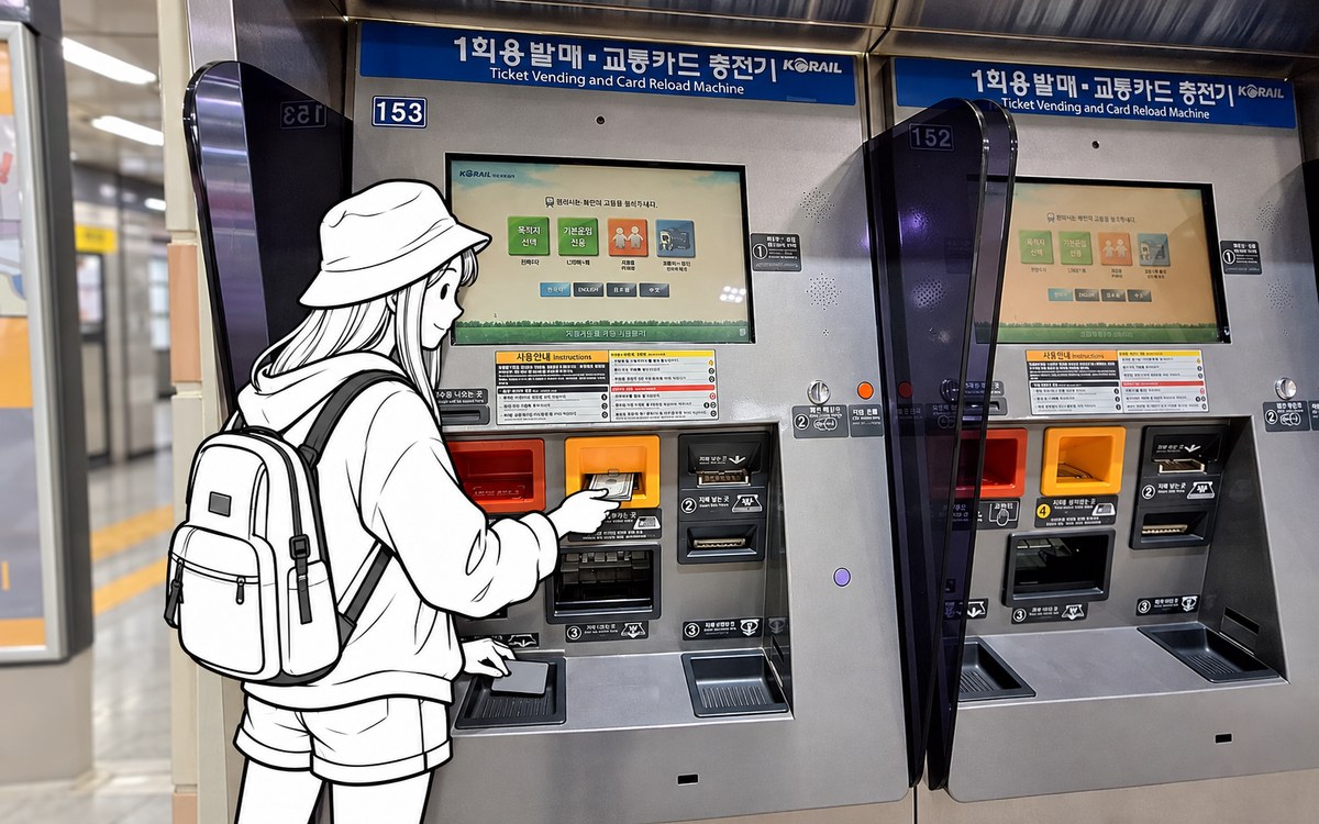 Traveler inserting Korean-won cash into a subway machine to reload a physical Tmoney card
