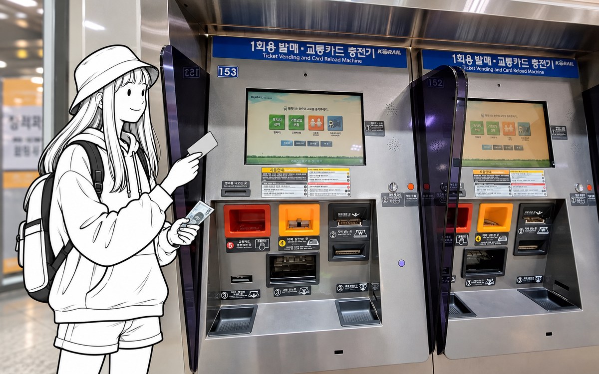 Traveler checking a transit card and remaining Korean-won cash beside a Seoul subway reload machine