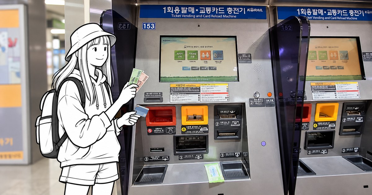 Traveler reloading a standard physical Tmoney card with Korean-won cash