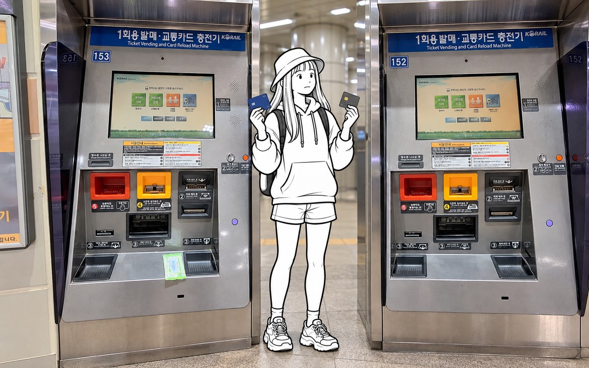 Traveler comparing a transit card and an international bank card beside a Seoul subway ticket machine