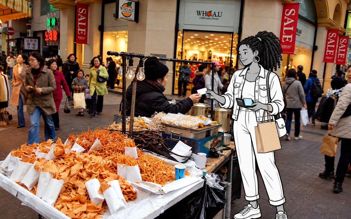 Illustrated traveler keeping transit and prepaid shopping cards separate on Myeongdong shopping street