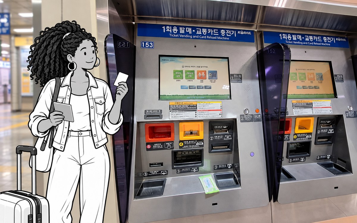 Illustrated traveler comparing two pay-per-ride transit cards beside a Seoul subway reload machine