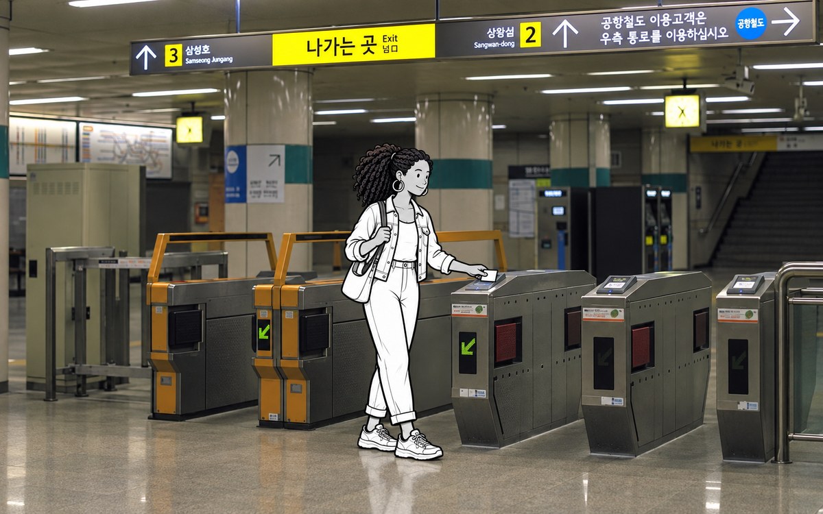 Illustrated traveler tapping a physical transit pass at a covered Seoul subway gate