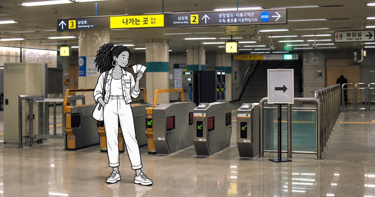 Illustrated traveler comparing three transit-card options before entering a Seoul subway